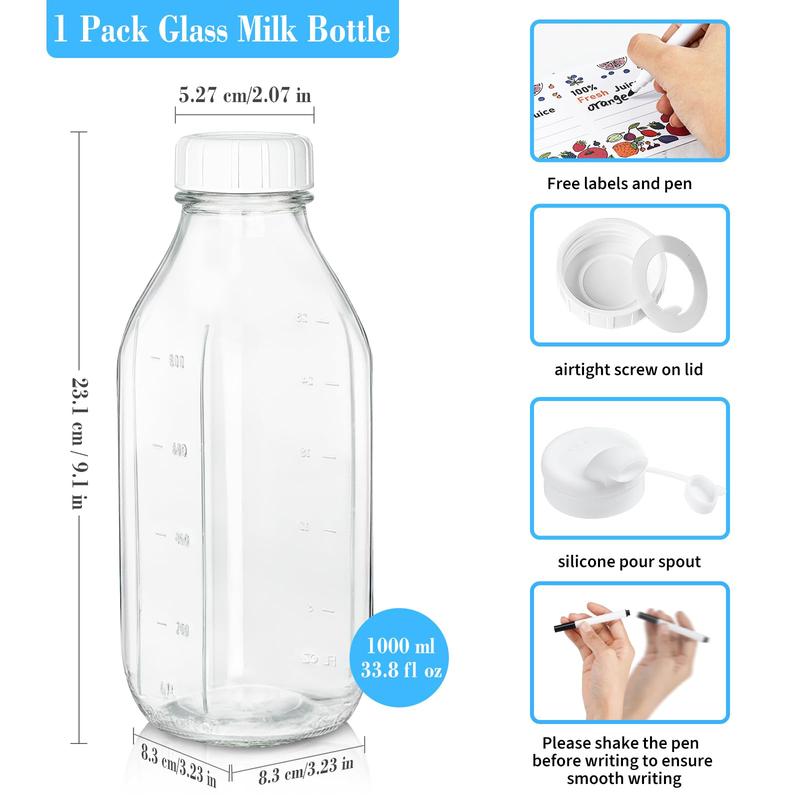 Square Liter Glass Milk Bottles with Airtight Lid - 100% Airtight Heavy Duty Screw Lid, 32 Oz Glass Juice Bottles w Scale Mark, Reusable Glass Jars for Homemade Juice(Extra 1 Lid and Pen) Clear