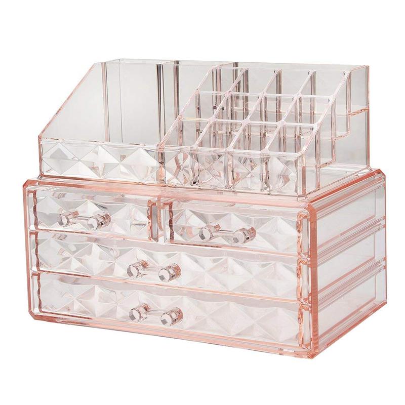 Jewelry and Cosmetic Boxes with Brush Holder - Pink Diamond Pattern Storage Display Cube Including 4 Drawers and 2 Pieces Set