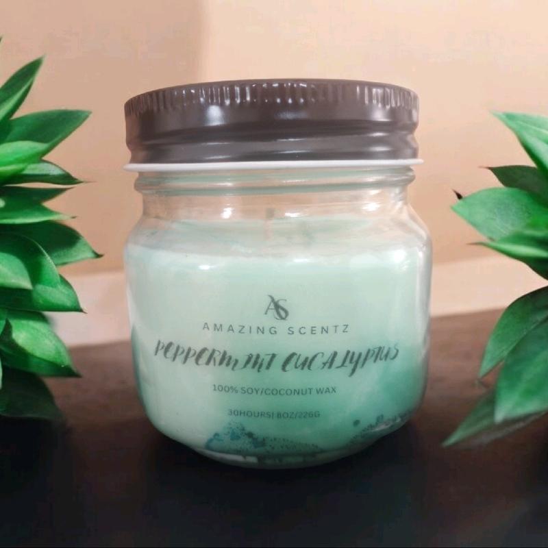 Peppermint Eucalyptus Mason Jar Homemade Candles 8oz- Scent