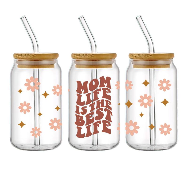 Mother Life is Best Themed Sticker (5pcs set), Mother Floral UV DTF Cup Wraps Transfer Stickers, Waterproof High Quality Diy Crystal Stickers For 16 OZ Libbey Cup Bottle, Mother's Day Gift