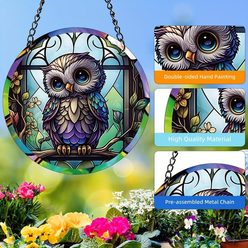 Owl Pattern Suncatcher, Round Hanging Decoration, Hanging Ornament for Home Window Garden Party