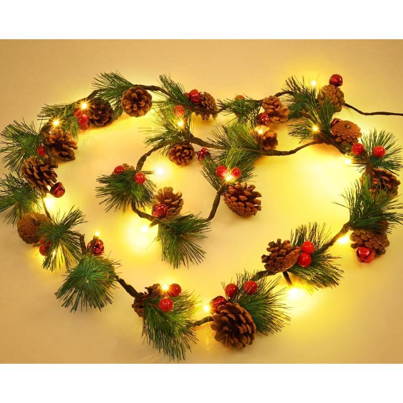 2 Pack Christmas Garland with Lights, 6.6Ft Prelit Christmas Garland, Lighted Christmas Garland, Pine Garland with Pine Cones, Red Berry, Christmas Decoration, Winter Home Mantle Fireplace Table，Black Friday Deal.