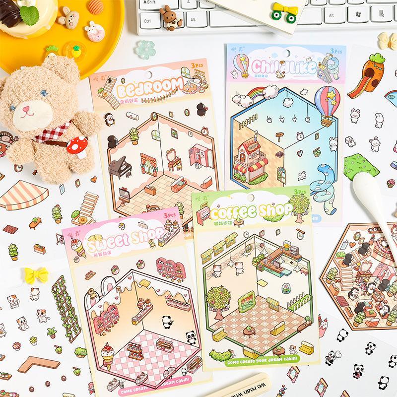 Cartoon Pattern Sticker, 12pcs set 3D Creative Sticker, Kawaii Cartoon Label Sticker, Decorative Sticker for Home School Office