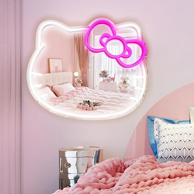 Kitty face Home Decor Mirror Kitty face shape Mirror, Bedroom Wall Mirror, Anime Neon Sign for Dresser, Locker Room,Living Room, Neon Light up Acrylic Mirror with Dimmable