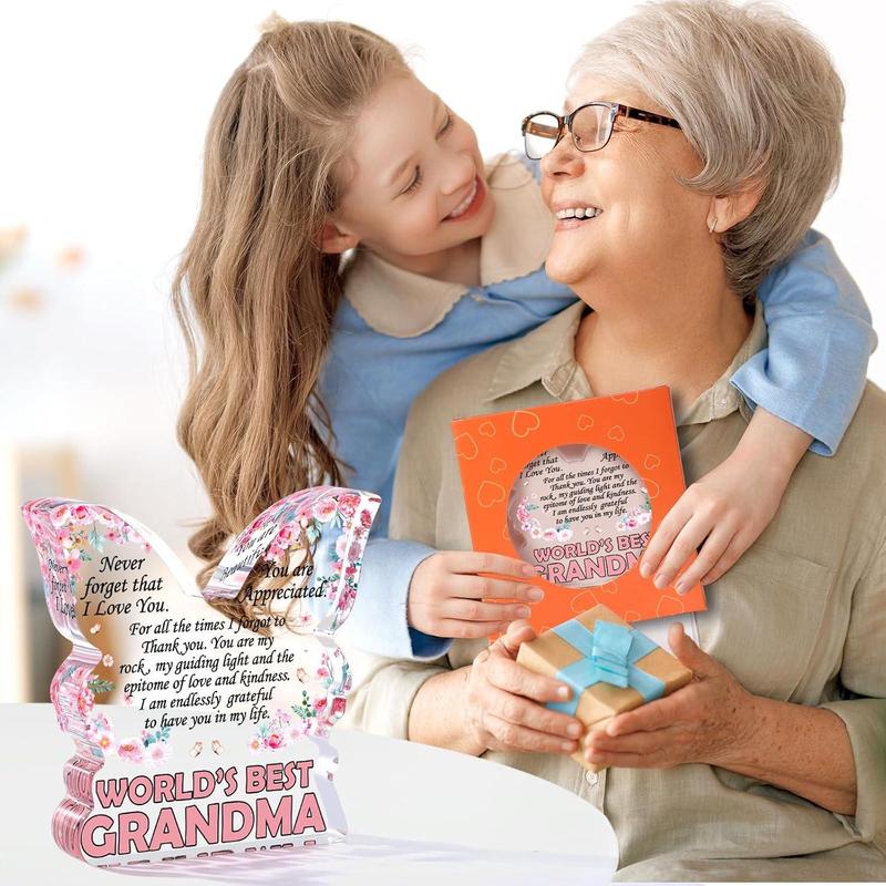 Grandma Gifts from Granddaughter, Christmas Gifts for Grandma, Grandmother Birthday Ideas Gift from Grandson Unique Mother's Day Gifts World's Best Grandma Ever Gifts Butterfly Shaped Acrylic Plaque