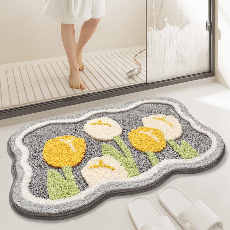 Flower Pattern Bathroom Mat, 3 Counts set Irregular Shape Non-slip Bathroom Floor Carpet, Water Absorbent Bath Mat for Home Bathroom