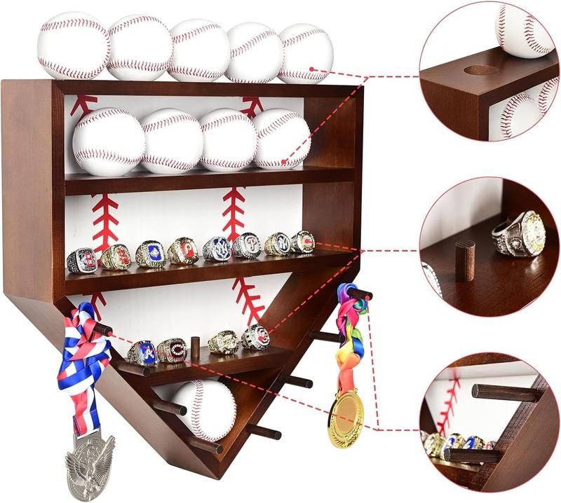 Baseball Holder Display Case - 14x14inch Wooden Baseball Ring Holder, Wall Mount Baseball Display Case for Balls, Rings, Medals, Trophies - One Baseball Ring Display Case for All (Baseball Case)