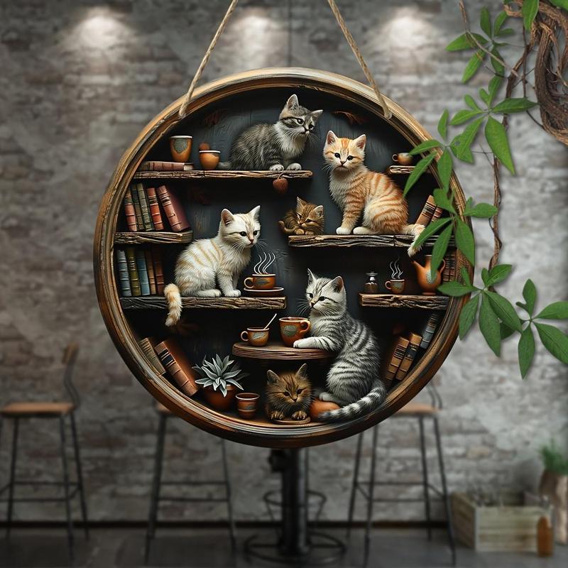 Round Cat Bookcase Pattern Wooden Hanging Sign, 1 Count Cat Pattern Hanging Decor, Wall Decor for Home Living Room Bedroom