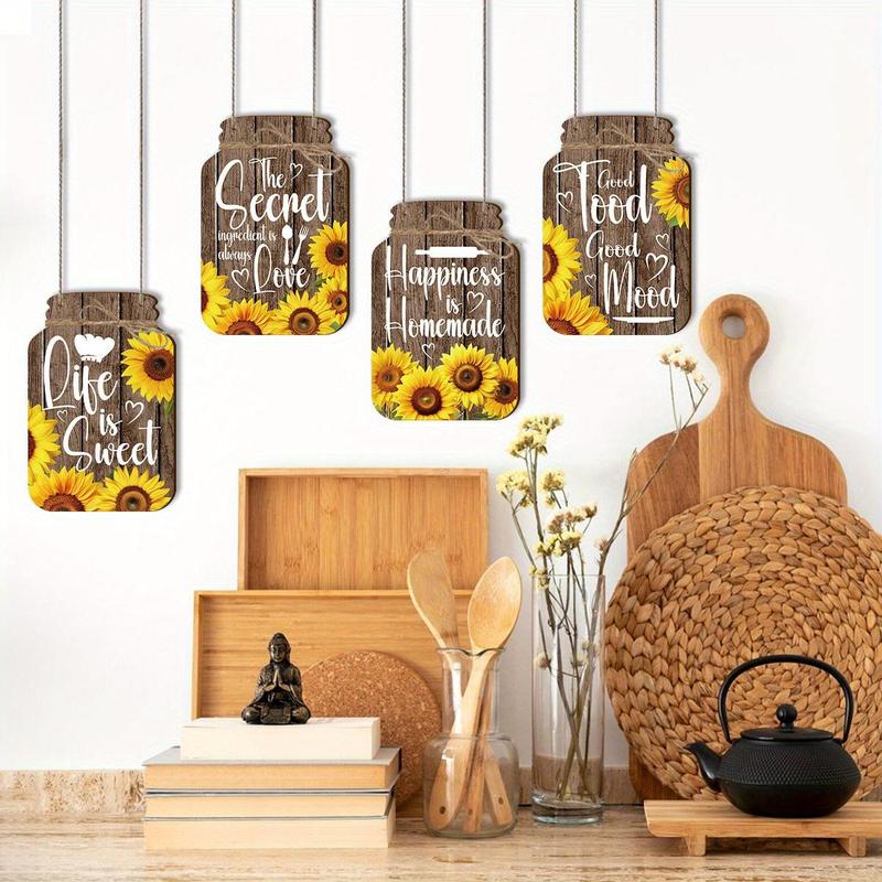 Wooden Mason Jar Shaped Decoration, 4 Counts set Sunflower Pattern Wall Art, Inspirational Farmhouse Wall Sign for Home Bedroom Living Room