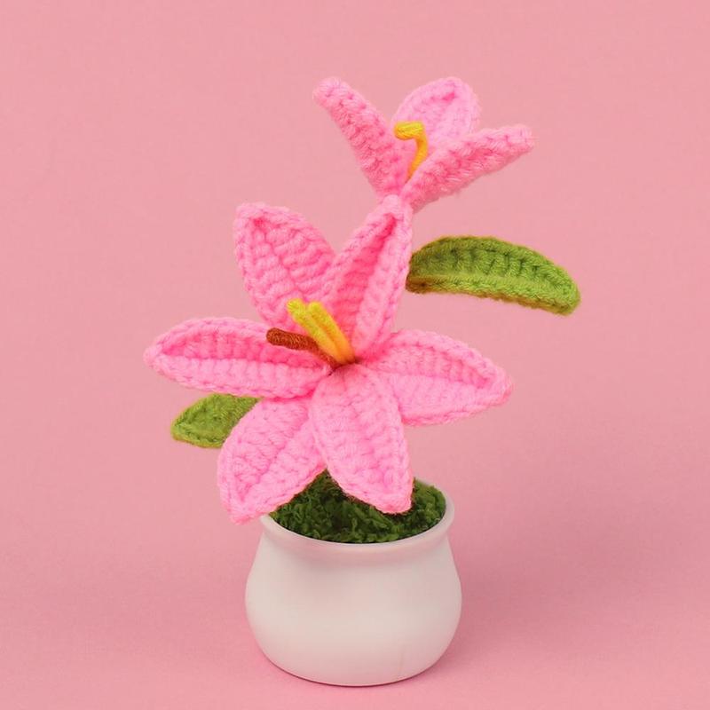 Lily Flower Decorative Plant, Mini Artificial Crochet Flower Plant with Pot, Desktop Ornament for Home Office Car Dormitory Living Room