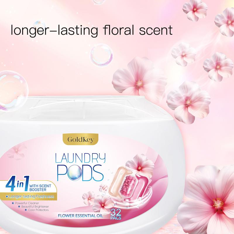 Gold Key 4-in-1 longer lasting floral fragrance stronger cleaning power protect the color of clothes 32 pieces laundry detergent beads pods with scent booster