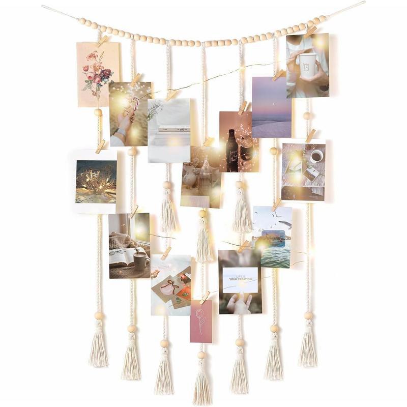 Macrame Hanging Photo Display Wall Decor - with String Lights! Wooden Beads Garland, 30 Clips. Ideal for Living Room, Nursery, Christmas. Great Gifts for Teen Girls. Hangable Ornaments.