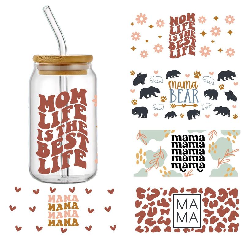 Mother Life is Best Themed Sticker (5pcs set), Mother Floral UV DTF Cup Wraps Transfer Stickers, Waterproof High Quality Diy Crystal Stickers For 16 OZ Libbey Cup Bottle, Mother's Day Gift