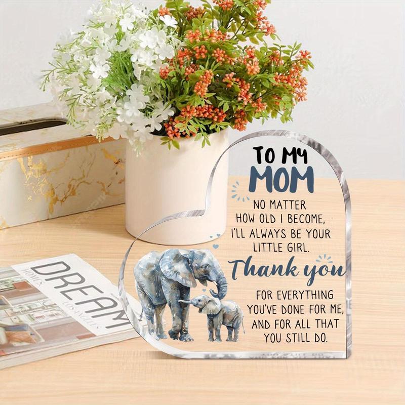 Elephant & Letter Pattern Acrylic Sign, 1 Count Heart Shaped Acrylic Sign, Desktop Ornament, Gift for Mom, Home Decor, Festive & Party Supplies