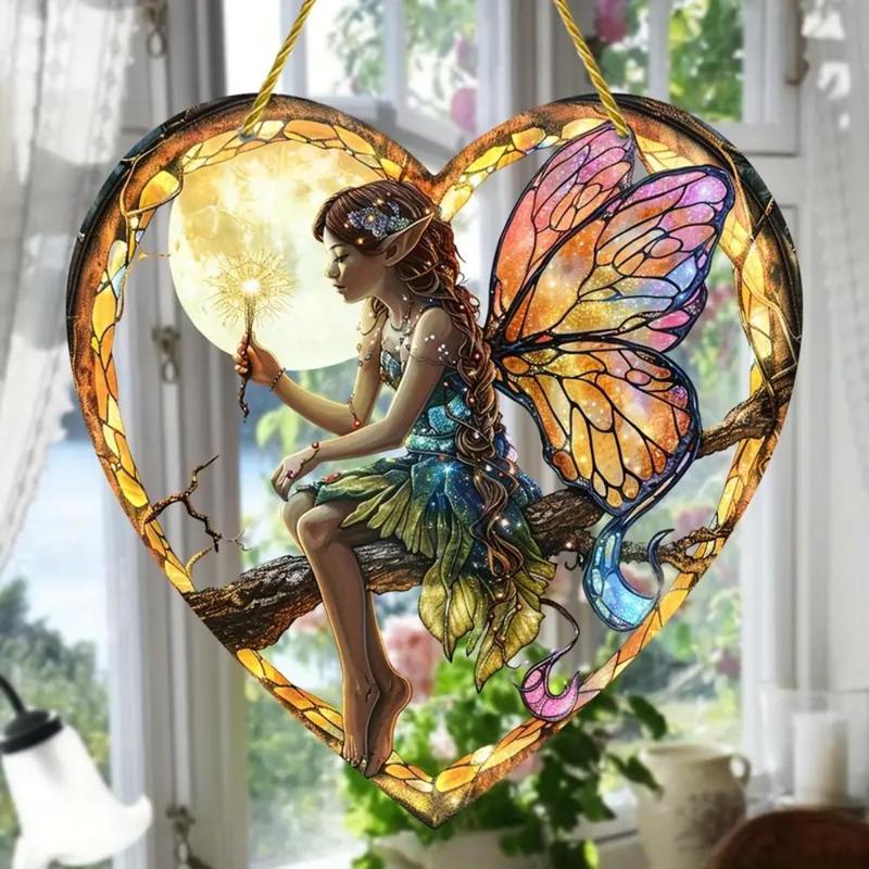 Heart Shaped Fairy Pattern Acrylic Hanging Ornament, 1 Count Colorful Glass Effect Hanging Decoration, Gift for Friend & Mom, Party Decoration Supplies