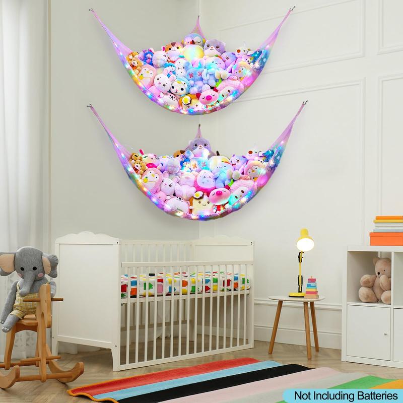 Stuffed Animals Net or Hammock Kids Toy Storage Organizer with LED Light Hanging Corner Stuffed Animals Holder Kids Girls Room Decor