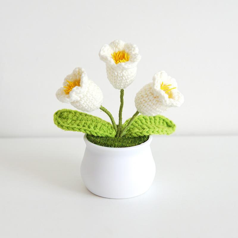 Artificial Flower Potted Plant, Handmade Crochet Lily Of The Valley Potted Plant, Summer Gifts Decorative Plant for Home Living Room Bedroom Dining Room