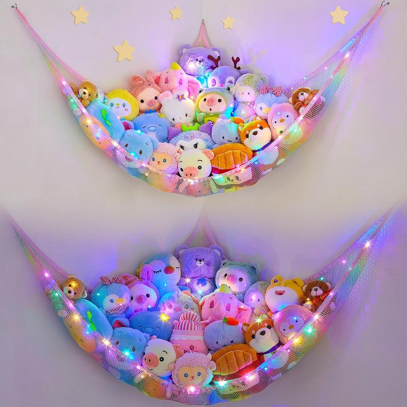 Stuffed Animals Net or Hammock Kids Toy Storage Organizer with LED Light Hanging Corner Stuffed Animals Holder Kids Girls Room Decor