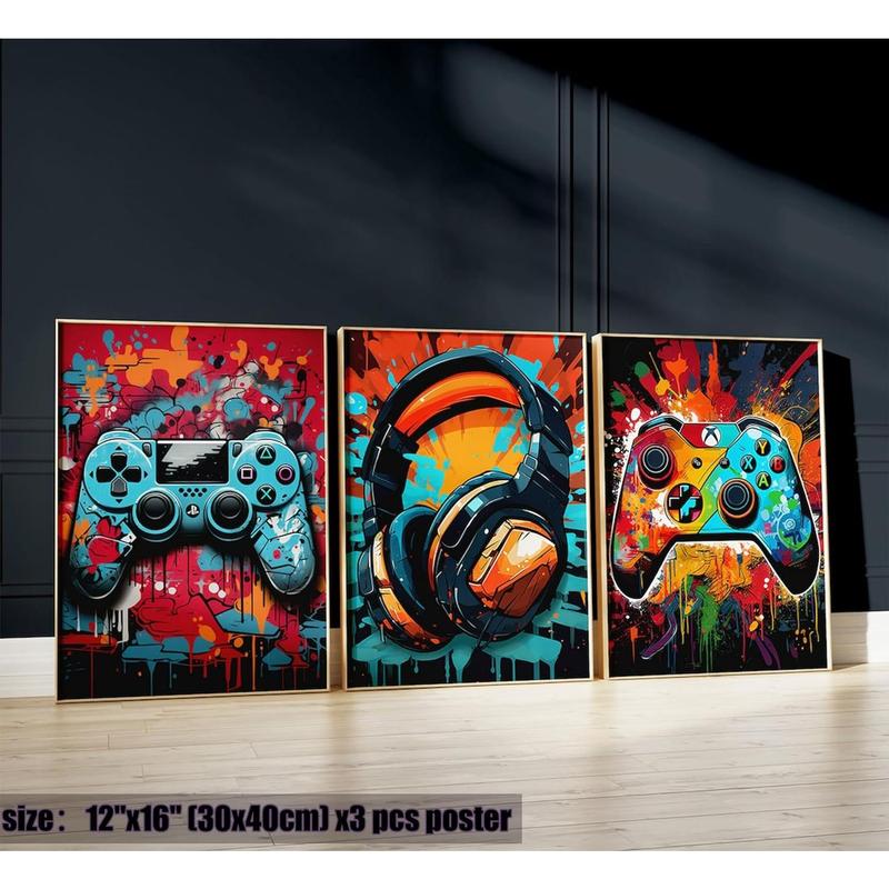 3 Pack Cool Gaming Wall Art Retro Video Game Watercolor Poster Picture Colorful Neon Gamepad Canvas Painting Prints for Boys Room Playroom Bedroom Boys Home Decor 12x16 Inch Unframed