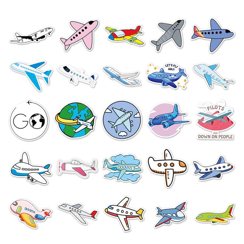 Airplane Pattern Sticker, 50pcs set Cartoon Aircraft Decorative Sticker, Creative Decal for Car Phone Case, Luggage, Computer, Guitar, Bag, Water Cup, Scrapbook