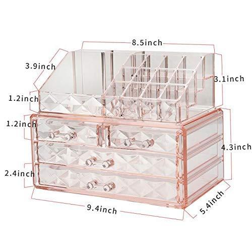 Jewelry and Cosmetic Boxes with Brush Holder - Pink Diamond Pattern Storage Display Cube Including 4 Drawers and 2 Pieces Set