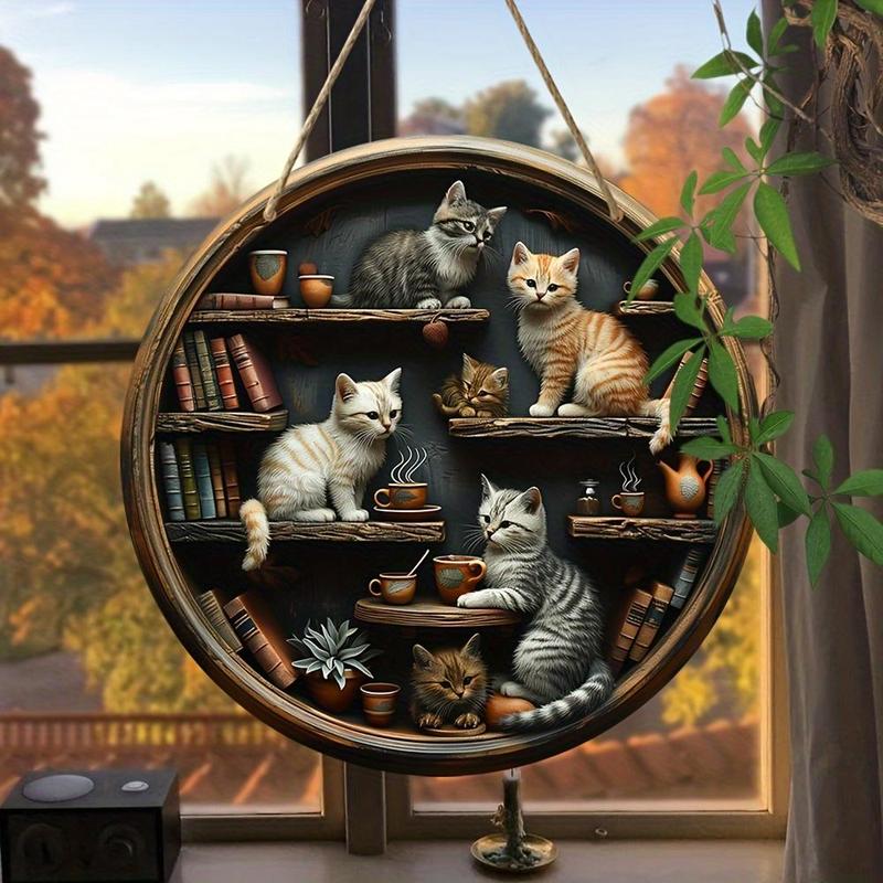 Round Cat Bookcase Pattern Wooden Hanging Sign, 1 Count Cat Pattern Hanging Decor, Wall Decor for Home Living Room Bedroom