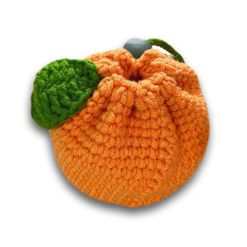 Cute Tangerine Shaped Small Storage Bag, Crochet Drawstring Bags, Mini Handwoven Cotton Handbag, Coin Purse Pouch, Orange Knitting Change Wallet, Earbuds...