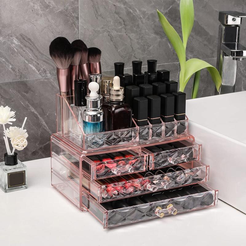 Jewelry and Cosmetic Boxes with Brush Holder - Pink Diamond Pattern Storage Display Cube Including 4 Drawers and 2 Pieces Set