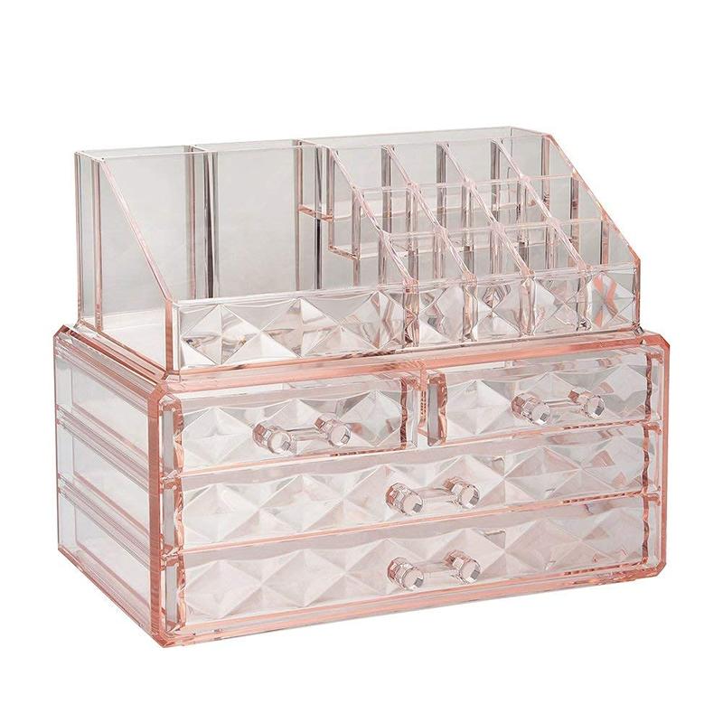 Jewelry and Cosmetic Boxes with Brush Holder - Pink Diamond Pattern Storage Display Cube Including 4 Drawers and 2 Pieces Set