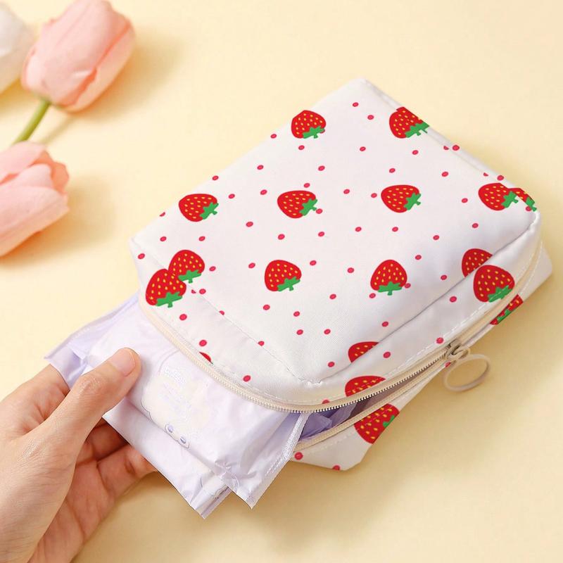 Strawberry Pattern Printed Menstrual Pad Storage Bag Reusable Napkin Bag Period Bag Sanitary Bag For College Dorm For Travel For Bathroom For School Travel Essentials Ladies Travel Organizer Travel Accessories For Girl Women