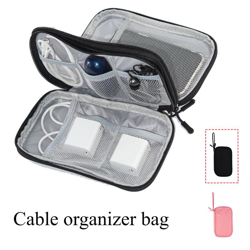 Portable Double Layer Cable Storage Bag, Multi-grid Organizer for Travel Outdoors, Waterproof Zipper Stationary Container for Chargers, Phones, Earphones, and Cables, Available in Black and Pink.