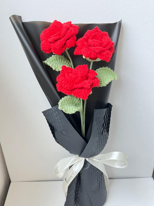 3 pieces crochet bouquet+crochet flower handmade flower+forever flower+birthday gift+creative gift+christmas Gift+ Housewarming Present+graduation gift+beautiful flower+Bridal Shower Gesture + Marriage Proposal Gift+ Gift for Friends and Family Rose Rose