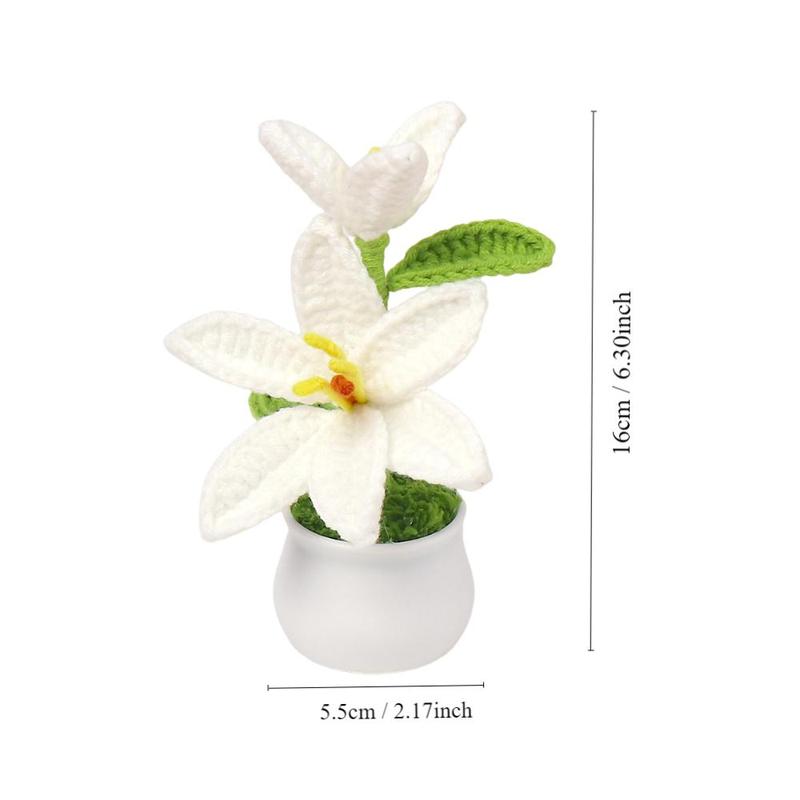 Lily Flower Decorative Plant, Mini Artificial Crochet Flower Plant with Pot, Desktop Ornament for Home Office Car Dormitory Living Room