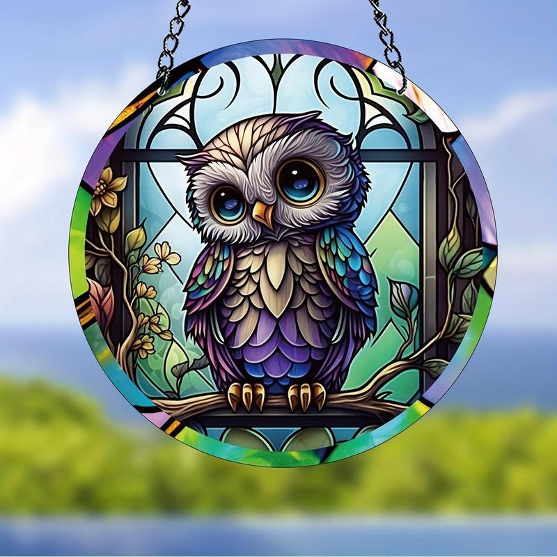 Owl Pattern Suncatcher, Round Hanging Decoration, Hanging Ornament for Home Window Garden Party