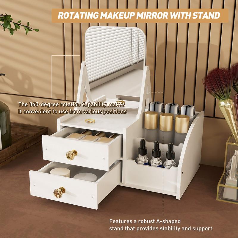 Makeup Storage Organizer for Vanity with Rotating Mirror and 2 Drawers and Compartment