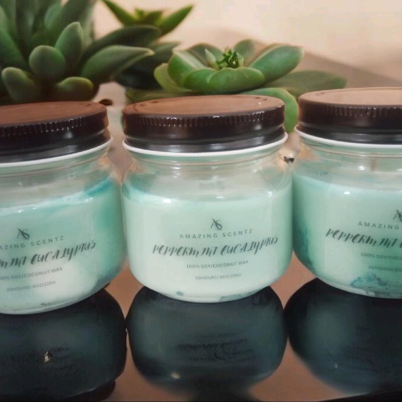 Peppermint Eucalyptus Mason Jar Homemade Candles 8oz- Scent