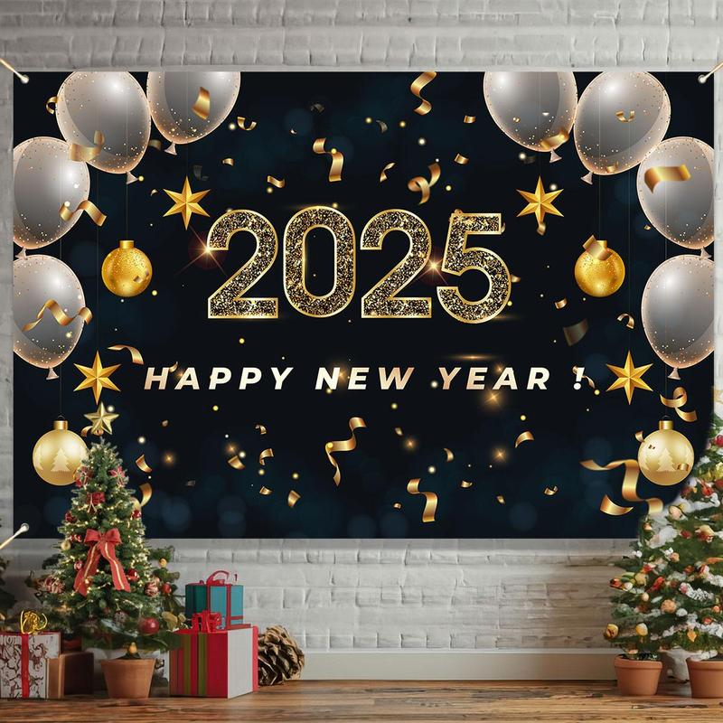 2025 Happy New Year Banner, 1 Count New Year Party Decoration Backdrop, Vibrant Holiday Winter Decoration for Outdoor & Home Garden