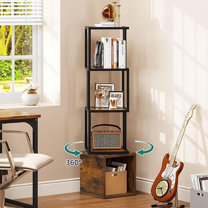 YITAHOME 4-Tier Rotating Bookshelf 360 Display Floor Standing Bookcase for Small Spaces Industrial Narrow Shelf Organizer Storage Rack for Bedroom, Living Room, Study Room