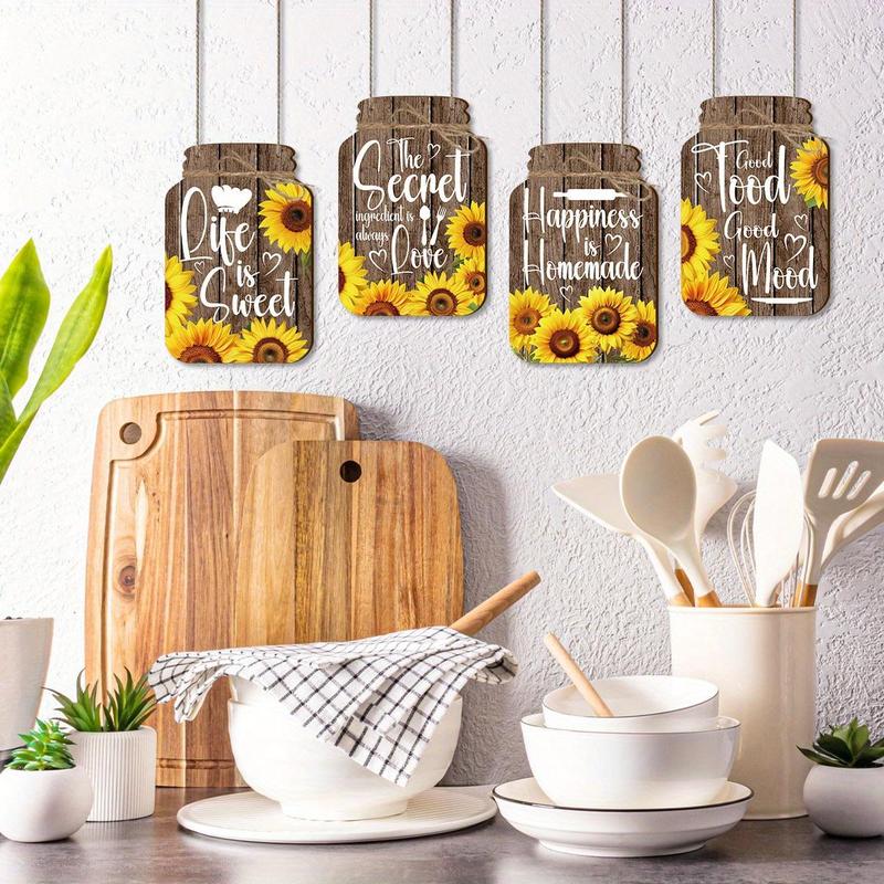 Wooden Mason Jar Shaped Decoration, 4 Counts set Sunflower Pattern Wall Art, Inspirational Farmhouse Wall Sign for Home Bedroom Living Room