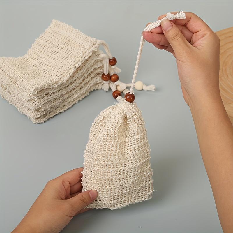 1 count Exfoliating Soap Saver Bag With Drawstring And Wooden Bead - Reusable Mesh Pouch For Shower, Foaming And Exfoliation - Bathroom Accessories-4