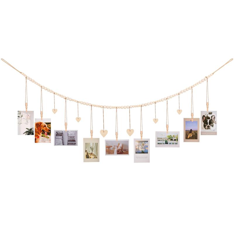 Photo Display Hanging Rack, 1 Count Bohemian Style Hanging Photo Display String with Heart-shaped Tag and Clips, Wall Decor for Home Bedroom Office