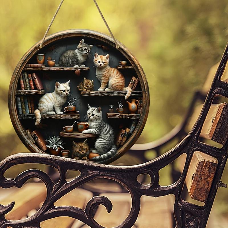 Round Cat Bookcase Pattern Wooden Hanging Sign, 1 Count Cat Pattern Hanging Decor, Wall Decor for Home Living Room Bedroom