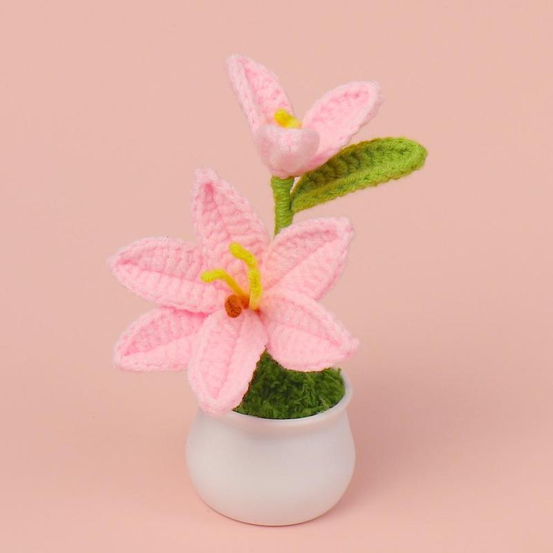 Lily Flower Decorative Plant, Mini Artificial Crochet Flower Plant with Pot, Desktop Ornament for Home Office Car Dormitory Living Room