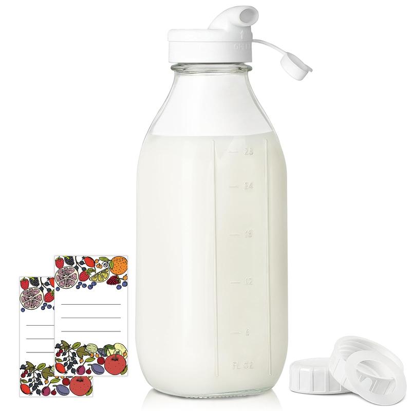 Square Liter Glass Milk Bottles with Airtight Lid - 100% Airtight Heavy Duty Screw Lid, 32 Oz Glass Juice Bottles w Scale Mark, Reusable Glass Jars for Homemade Juice(Extra 1 Lid and Pen) Clear