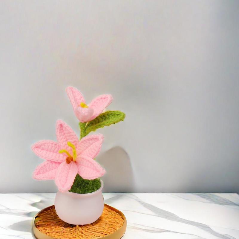 Lily Flower Decorative Plant, Mini Artificial Crochet Flower Plant with Pot, Desktop Ornament for Home Office Car Dormitory Living Room