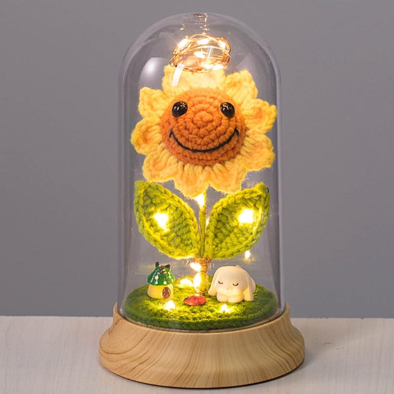 Eternal Sunflower Gifts for Women, Crochet Artificial Sun Flower Decor in Plastic Dome with Led, for Her Mom Mothers Day Birthday Anniversary Christmas Valentine's Day Gifts (Yellow)