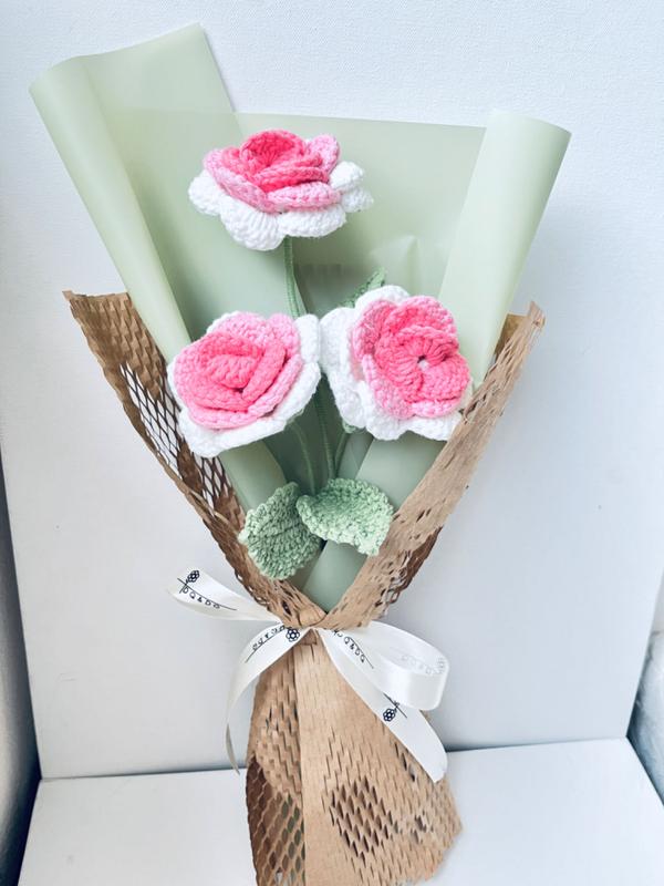 3 pieces crochet bouquet+crochet flower handmade flower+forever flower+birthday gift+creative gift+christmas Gift+ Housewarming Present+graduation gift+beautiful flower+Bridal Shower Gesture + Marriage Proposal Gift+ Gift for Friends and Family Rose Rose