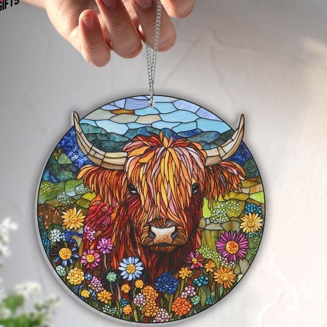 Floral Highland Cow Suncatcher Window Hanging, Cow lover gift, Stained Glass Ornament, Housewarming, Christmas Indoor Hangable Decoration