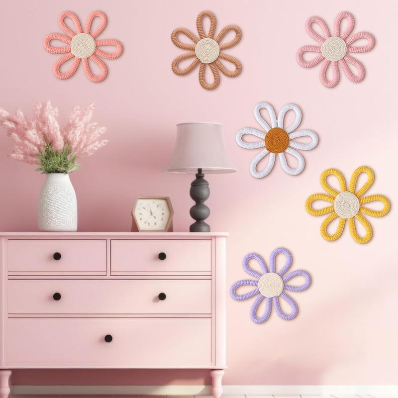 Six pieces of daisy flower wall art decoration, wall decoration of docoids and weaving tassels, suitable for family interior decoration (color)