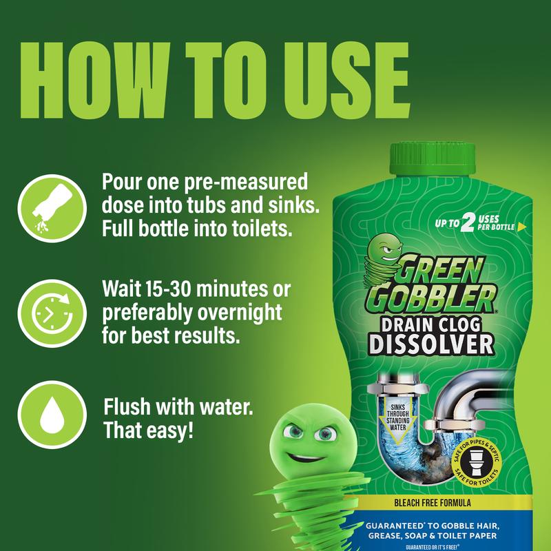 Green Gobbler Liquid Drain Clog Dissolver 31oz - safe for pipes, toilets, septic systems, sinks, tubs, showers